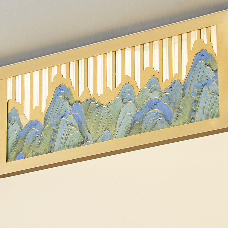 Traditional Chinese Rectangular Copper Acrylic LED Flush Mount Ceiling Light For Living Room