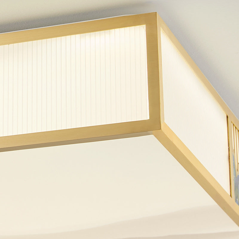 Traditional Chinese Rectangular Copper Acrylic LED Flush Mount Ceiling Light For Living Room