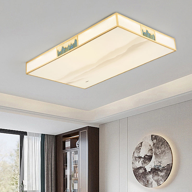 Traditional Chinese Rectangular Copper Acrylic LED Flush Mount Ceiling Light For Living Room