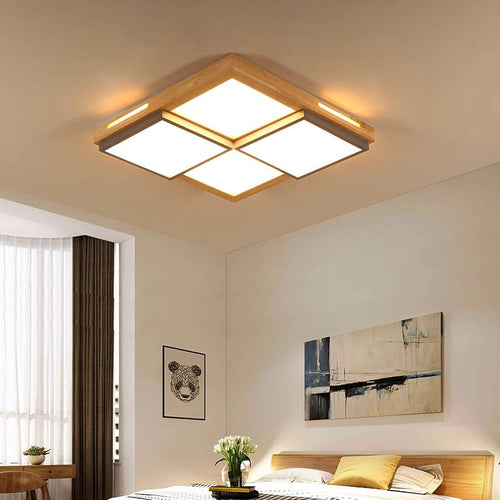 Traditional Japanese Square Solid Wood Metal LED Flush Mount Ceiling Light for Living Room