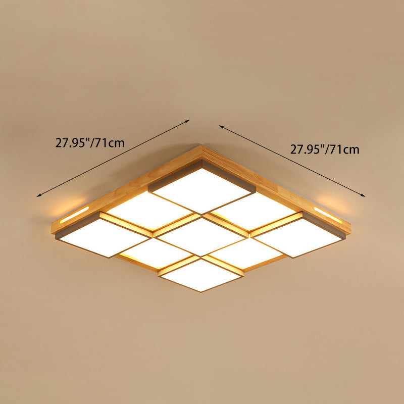 Traditional Japanese Square Solid Wood Metal LED Flush Mount Ceiling Light for Living Room