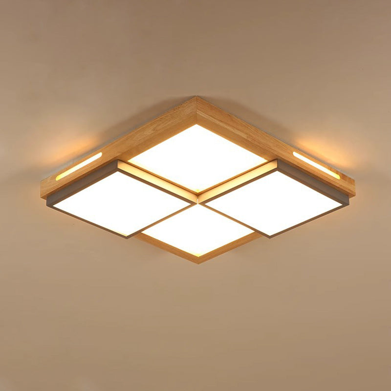 Traditional Japanese Square Solid Wood Metal LED Flush Mount Ceiling Light for Living Room