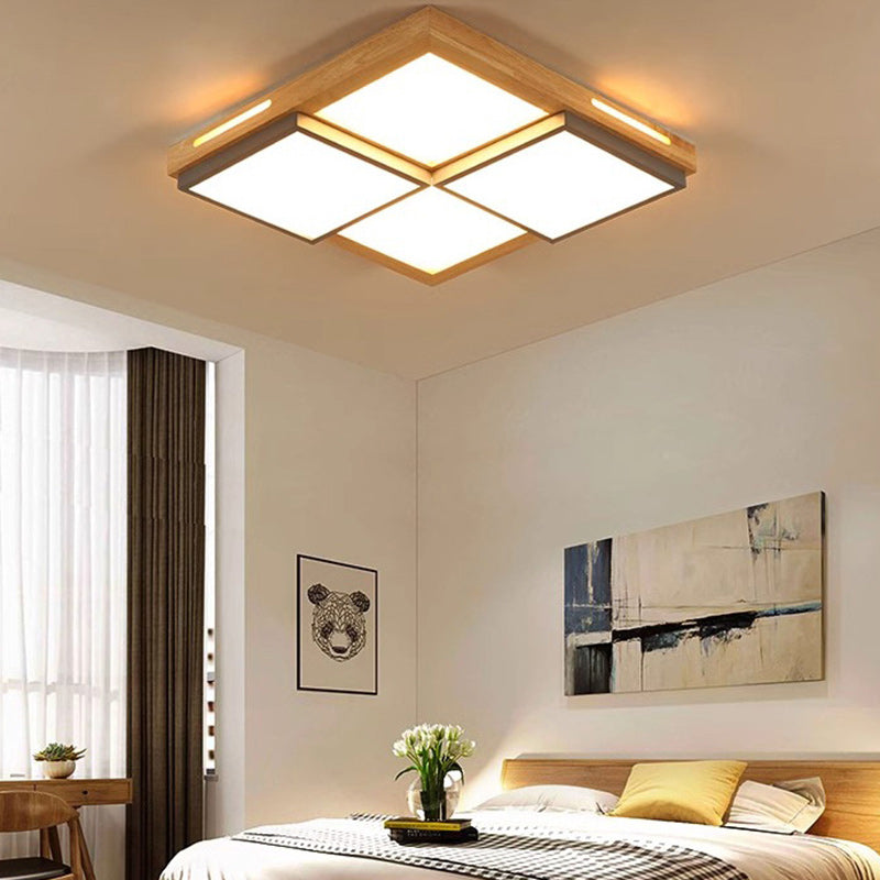 Traditional Japanese Square Solid Wood Metal LED Flush Mount Ceiling Light for Living Room