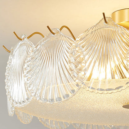 Traditional Luxury Round Copper Glass 4/5 Light Semi-Flush Mount Ceiling Light For Bedroom