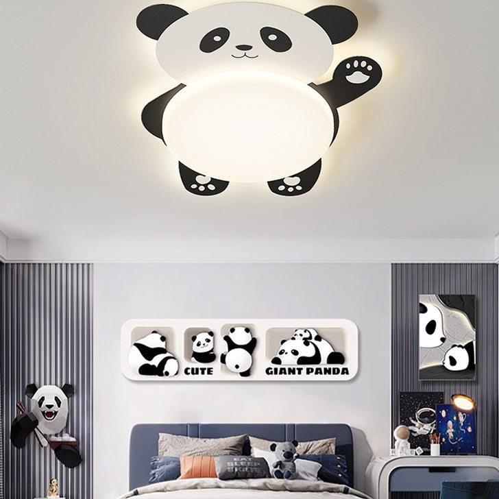 Modern Eclectic Kids Panda Iron Pvc LED Flush Mount Ceiling Light for Bedroom