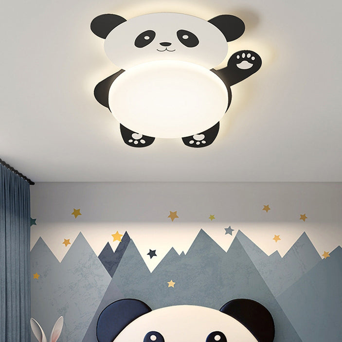 Modern Eclectic Kids Panda Iron Pvc LED Flush Mount Ceiling Light for Bedroom