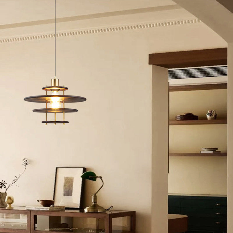 Traditional Vintage Flying Saucer Rubberwood Iron 1-Light Pendant Light For Living Room