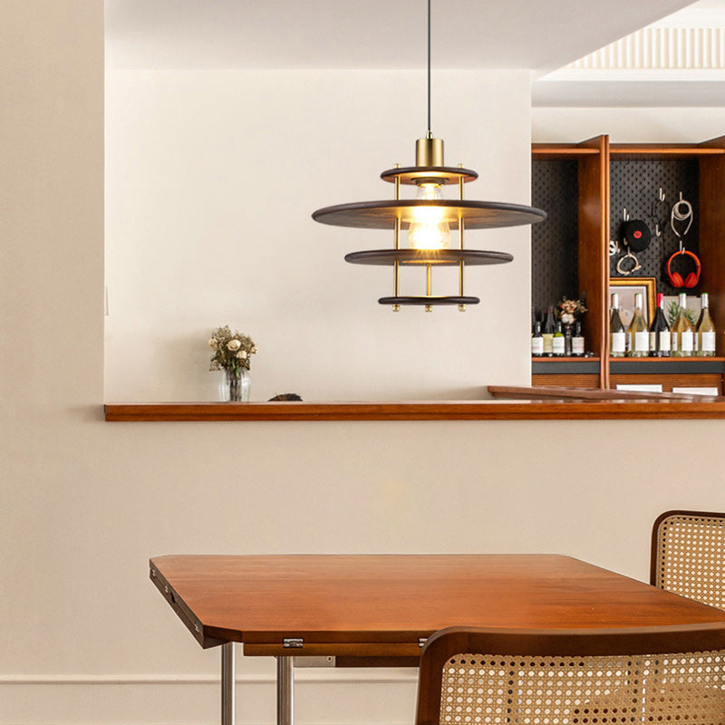 Traditional Vintage Flying Saucer Rubberwood Iron 1-Light Pendant Light For Living Room