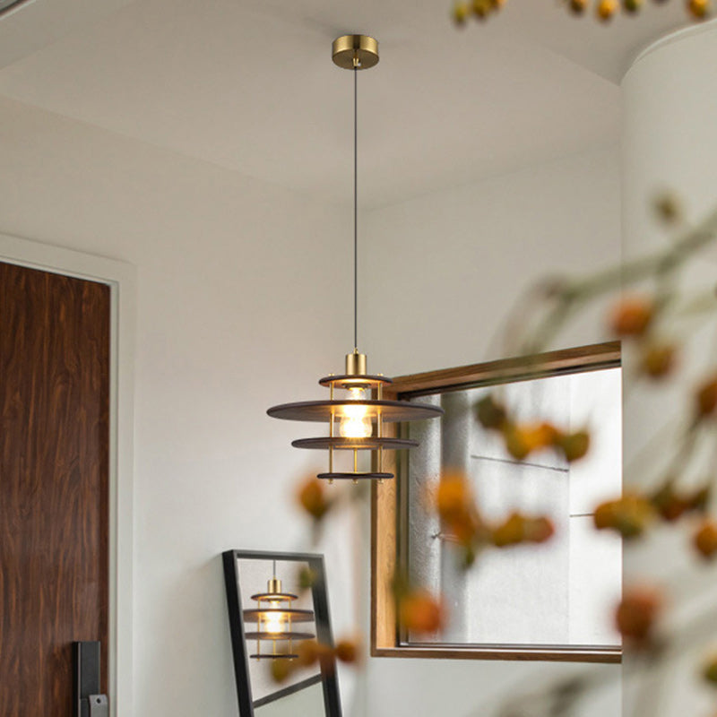 Traditional Vintage Flying Saucer Rubberwood Iron 1-Light Pendant Light For Living Room