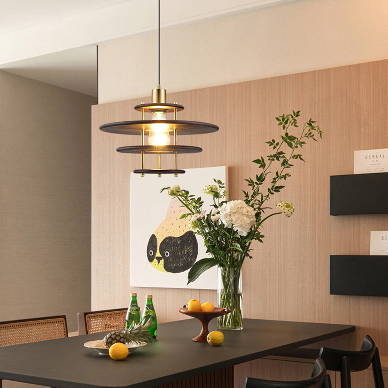 Traditional Vintage Flying Saucer Rubberwood Iron 1-Light Pendant Light For Living Room