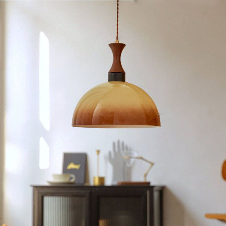 Traditional Vintage Dome Solid Wood Glass 1-Light Pendant Light For Living Room