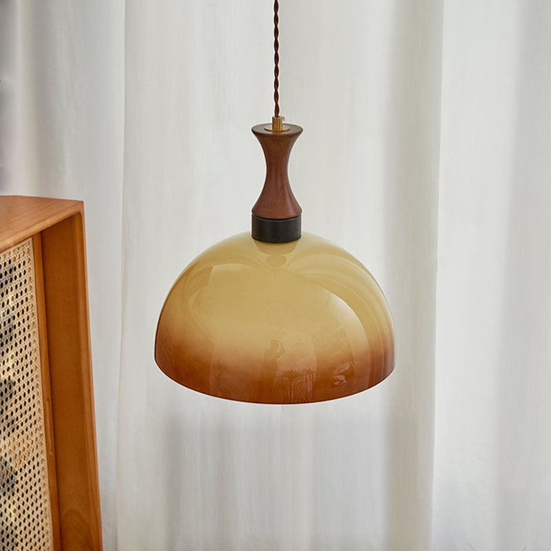 Traditional Vintage Dome Solid Wood Glass 1-Light Pendant Light For Living Room