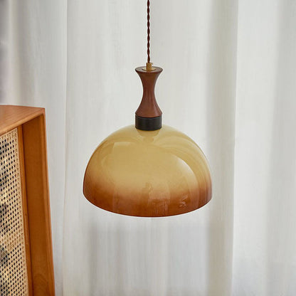 Traditional Vintage Dome Solid Wood Glass 1-Light Pendant Light For Living Room