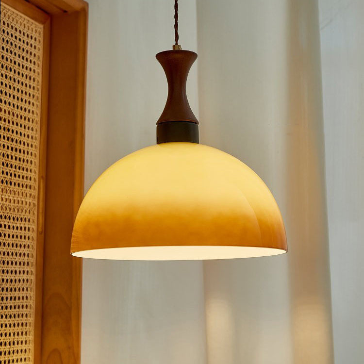 Traditional Vintage Dome Solid Wood Glass 1-Light Pendant Light For Living Room