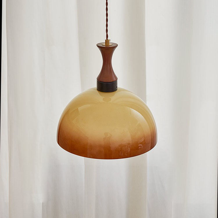 Traditional Vintage Dome Solid Wood Glass 1-Light Pendant Light For Living Room
