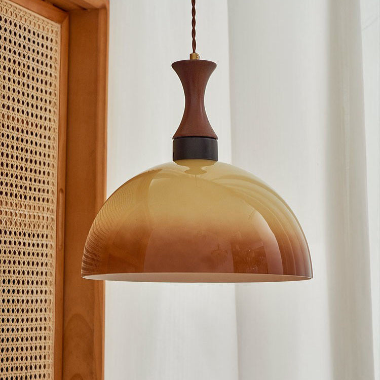 Traditional Vintage Dome Solid Wood Glass 1-Light Pendant Light For Living Room