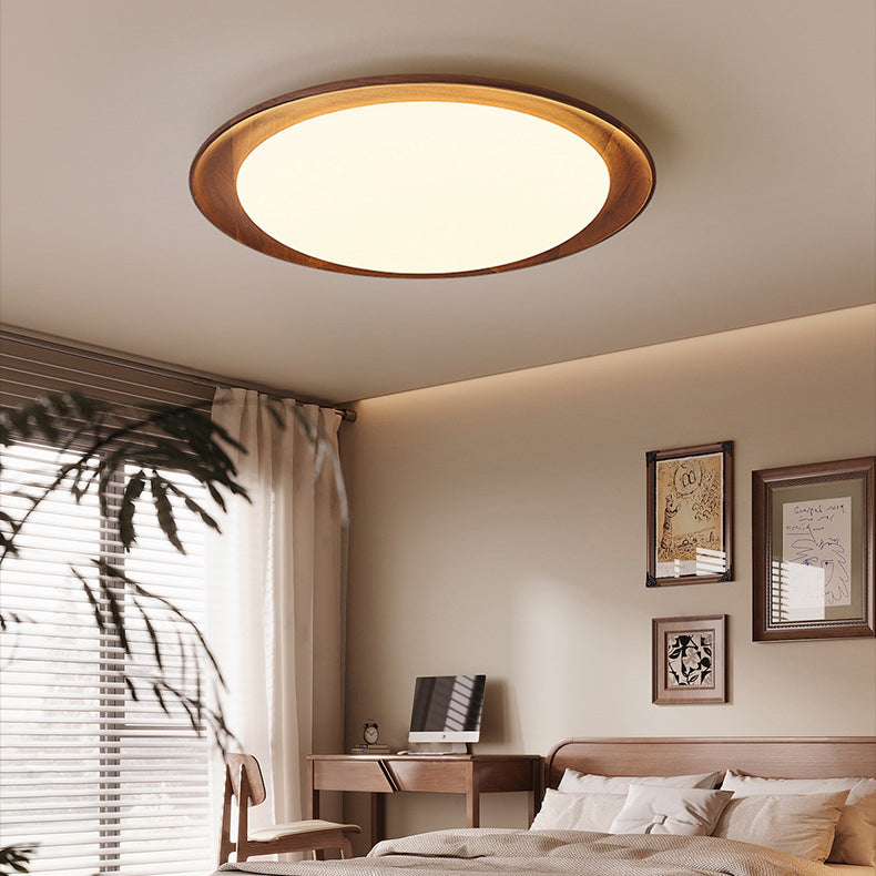 Traditional Vintage Round Solid Wood Iron Acrylic LED Flush Mount Ceiling Light For Bedroom