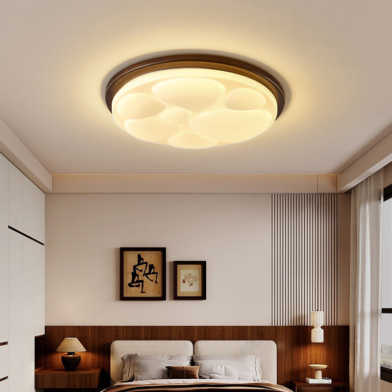 Traditional Vintage Round Solid Wood Iron Acrylic LED Flush Mount Ceiling Light For Bedroom