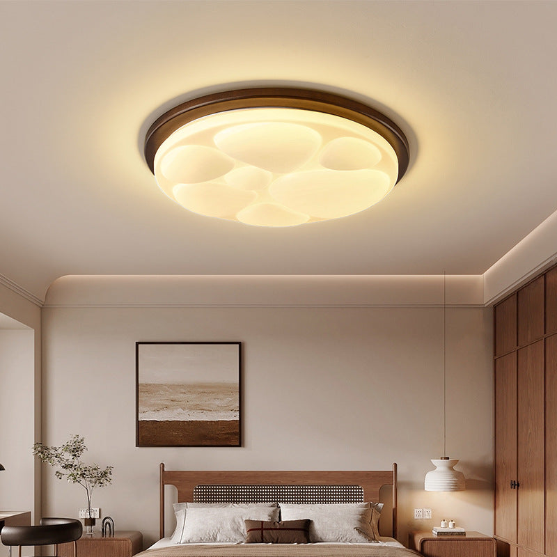 Traditional Vintage Round Solid Wood Iron Acrylic LED Flush Mount Ceiling Light For Bedroom
