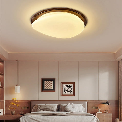 Traditional Vintage Round Solid Wood Iron Acrylic LED Flush Mount Ceiling Light For Bedroom