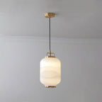 Traditional Chinese Lantern Cylinder Copper Glass LED Pendant Light For Living Room