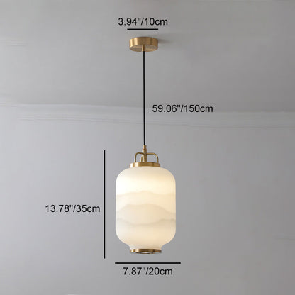 Traditional Chinese Lantern Cylinder Copper Glass LED Pendant Light For Living Room