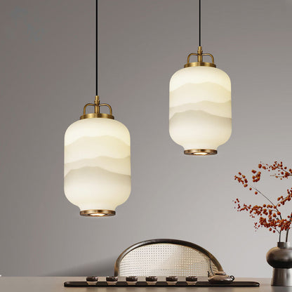 Traditional Chinese Lantern Cylinder Copper Glass LED Pendant Light For Living Room