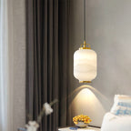 Traditional Chinese Lantern Cylinder Copper Glass LED Pendant Light For Living Room