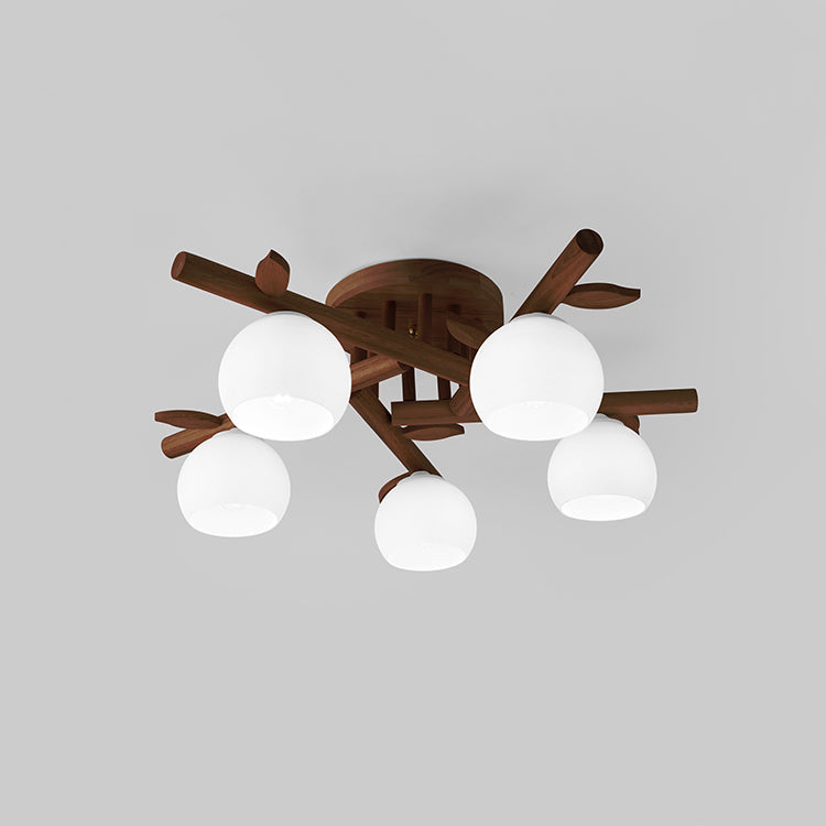 Traditional Japanese Dome Iron Oak Wood 3/5/8 Light Semi-Flush Mount Ceiling Light For Living Room Lumendat