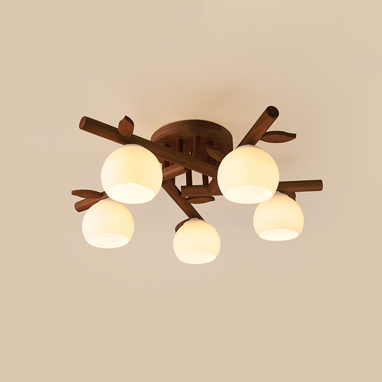 Traditional Japanese Dome Iron Oak Wood 3/5/8 Light Semi-Flush Mount Ceiling Light For Living Room Lumendat