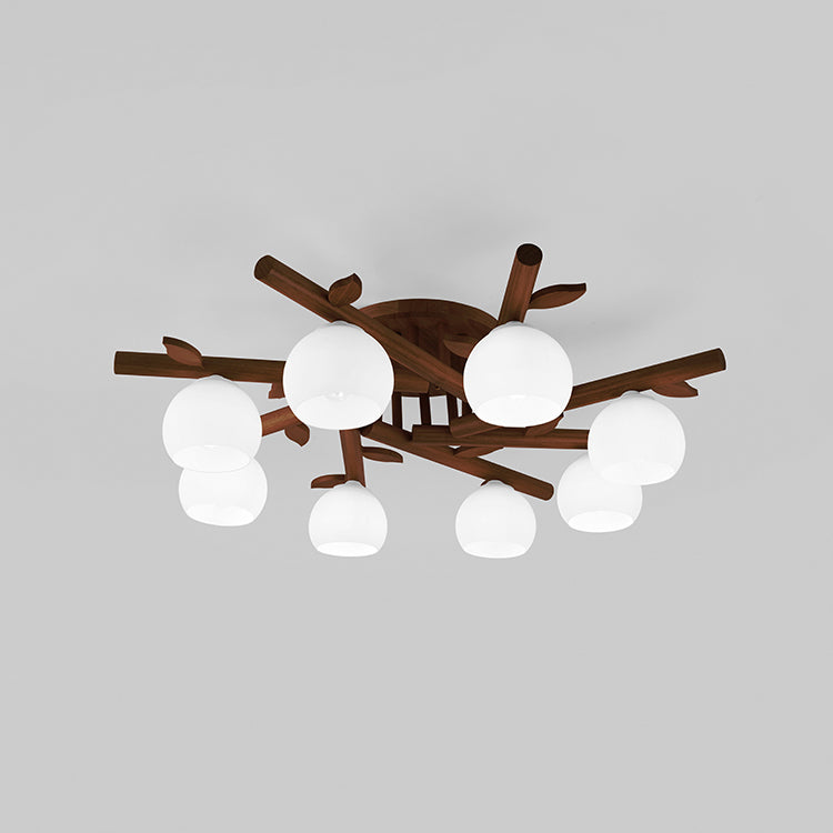 Traditional Japanese Dome Iron Oak Wood 3/5/8 Light Semi-Flush Mount Ceiling Light For Living Room Lumendat