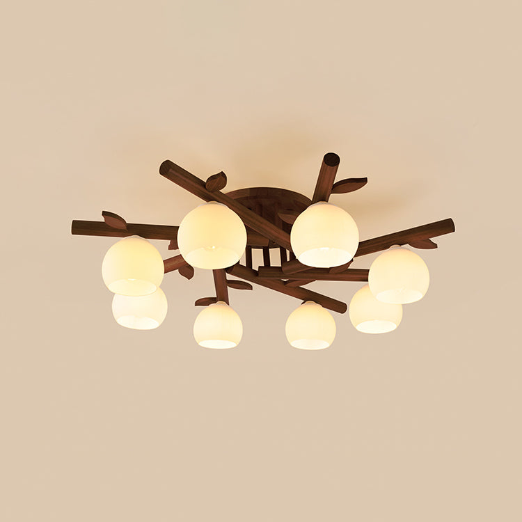 Traditional Japanese Dome Iron Oak Wood 3/5/8 Light Semi-Flush Mount Ceiling Light For Living Room Lumendat