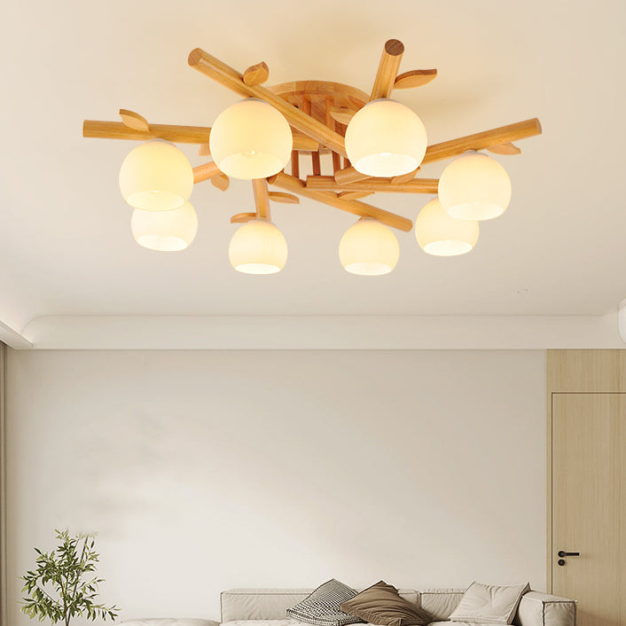 Traditional Japanese Dome Iron Oak Wood 3/5/8 Light Semi-Flush Mount Ceiling Light For Living Room Lumendat