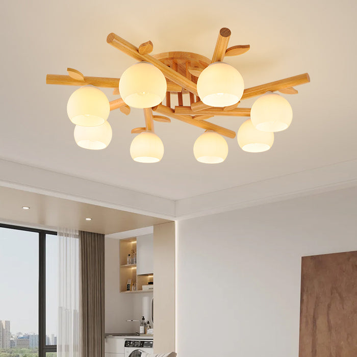 Traditional Japanese Dome Iron Oak Wood 3/5/8 Light Semi-Flush Mount Ceiling Light For Living Room Lumendat
