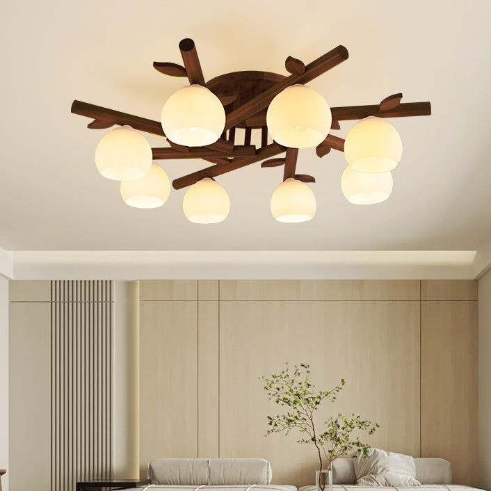 Traditional Japanese Dome Iron Oak Wood 3/5/8 Light Semi-Flush Mount Ceiling Light For Living Room Lumendat