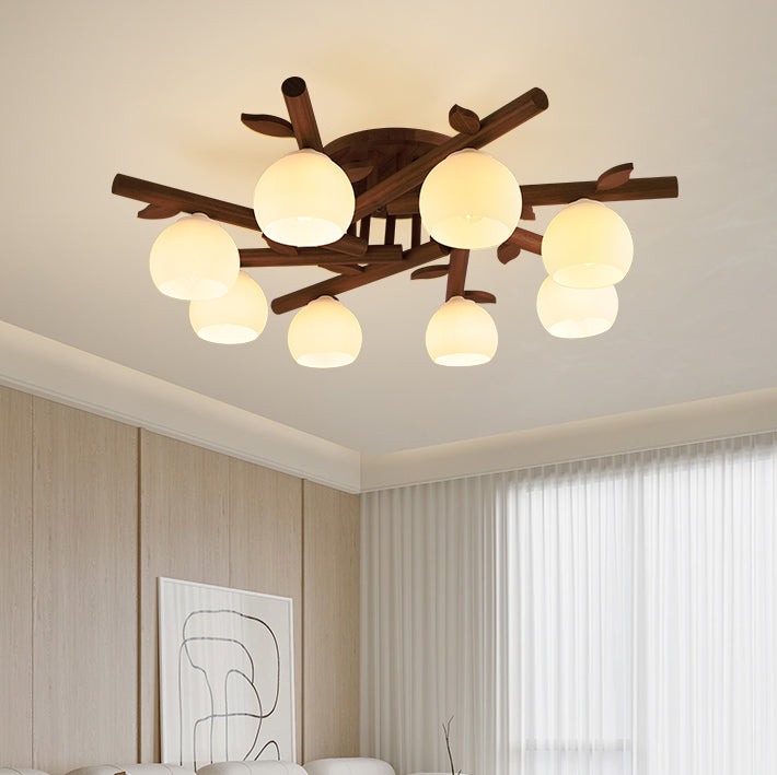 Traditional Japanese Dome Iron Oak Wood 3/5/8 Light Semi-Flush Mount Ceiling Light For Living Room Lumendat