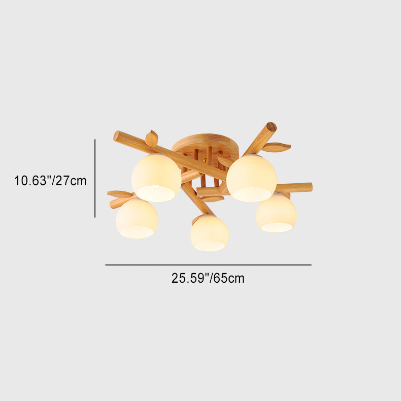 Traditional Japanese Dome Iron Oak Wood 3/5/8 Light Semi-Flush Mount Ceiling Light For Living Room Lumendat