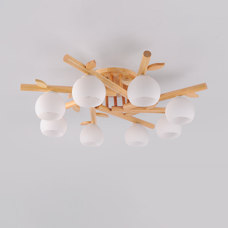Traditional Japanese Dome Iron Oak Wood 3/5/8 Light Semi-Flush Mount Ceiling Light For Living Room Lumendat