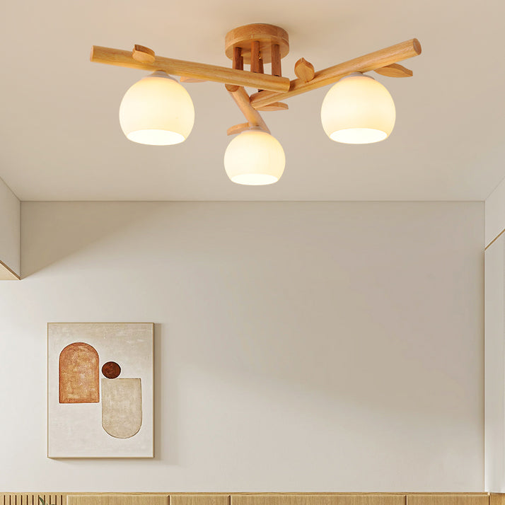 Traditional Japanese Dome Iron Oak Wood 3/5/8 Light Semi-Flush Mount Ceiling Light For Living Room Lumendat