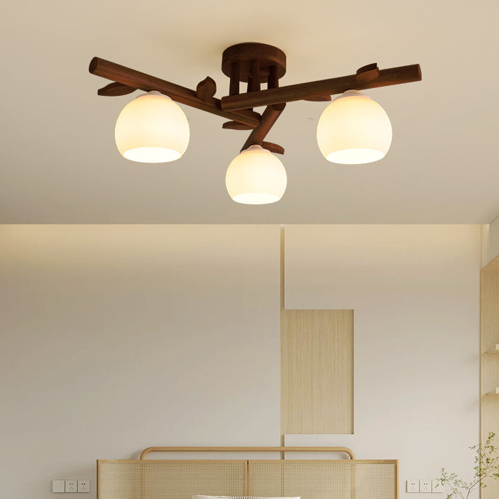 Traditional Japanese Dome Iron Oak Wood 3/5/8 Light Semi-Flush Mount Ceiling Light For Living Room Lumendat