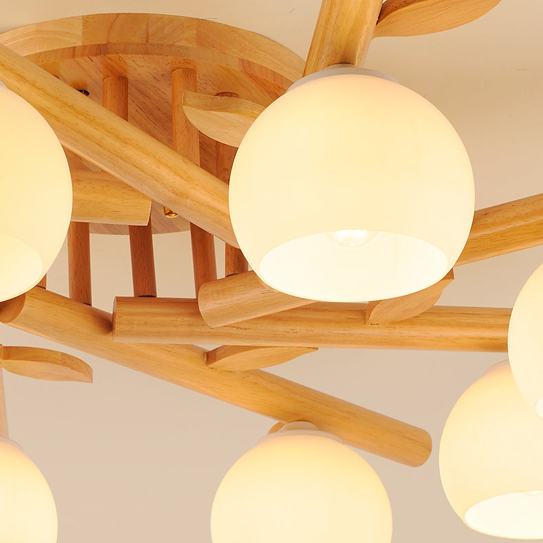 Traditional Japanese Dome Iron Oak Wood 3/5/8 Light Semi-Flush Mount Ceiling Light For Living Room Lumendat