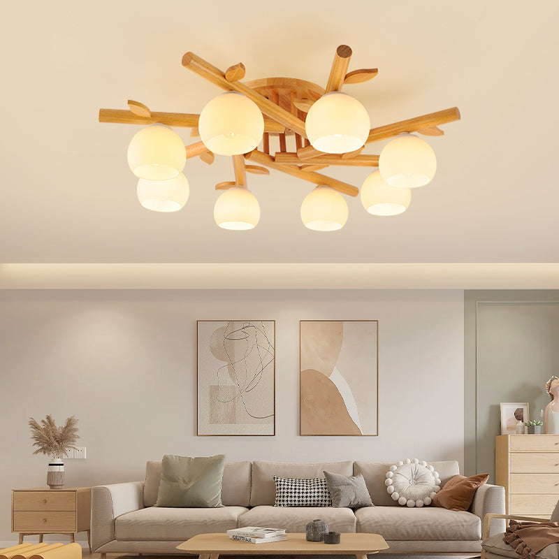 Traditional Japanese Dome Iron Oak Wood 3/5/8 Light Semi-Flush Mount Ceiling Light For Living Room Lumendat