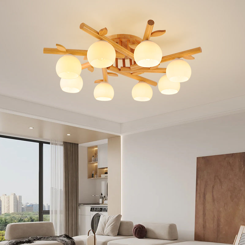 Traditional Japanese Dome Iron Oak Wood 3/5/8 Light Semi-Flush Mount Ceiling Light For Living Room Lumendat