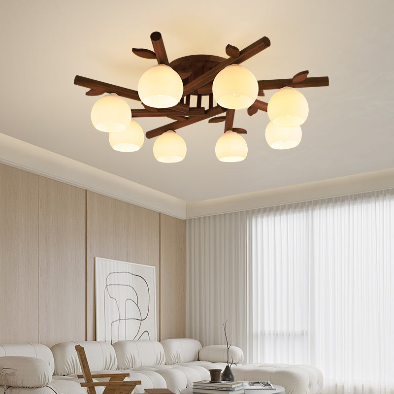 Traditional Japanese Dome Iron Oak Wood 3/5/8 Light Semi-Flush Mount Ceiling Light For Living Room Lumendat