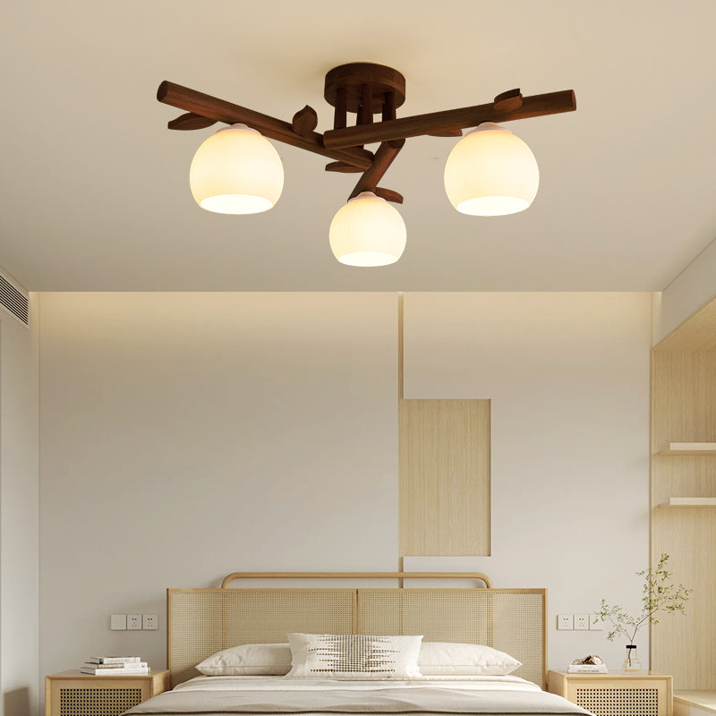 Traditional Japanese Dome Iron Oak Wood 3/5/8 Light Semi-Flush Mount Ceiling Light For Living Room Lumendat