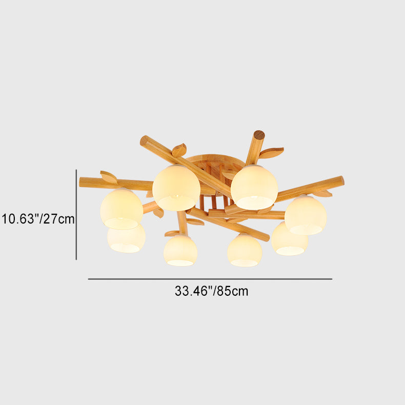 Traditional Japanese Dome Iron Oak Wood 3/5/8 Light Semi-Flush Mount Ceiling Light For Living Room Lumendat