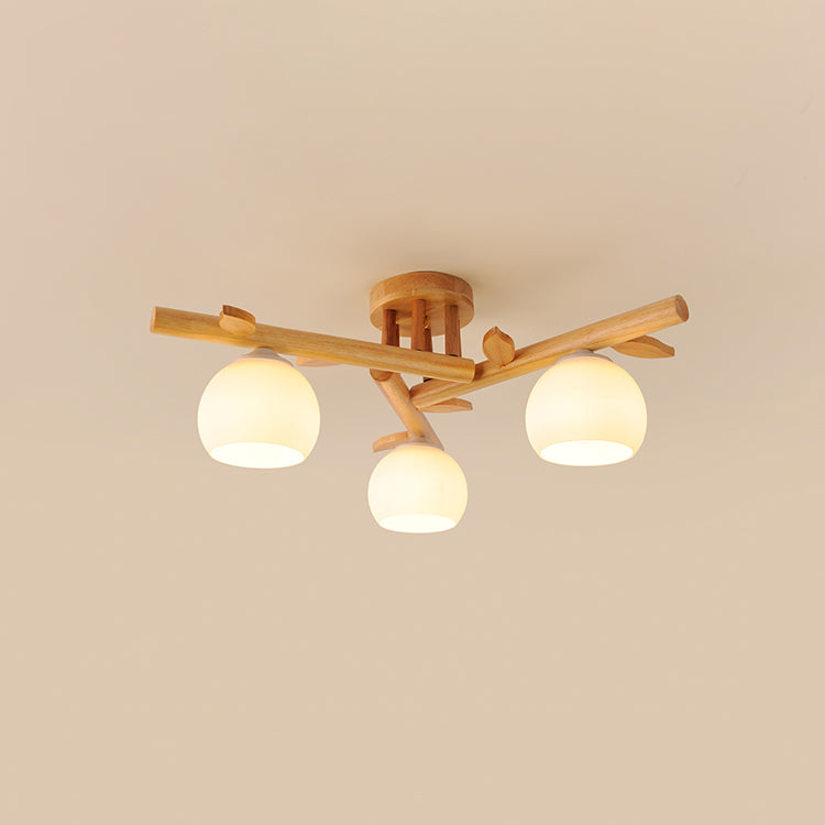Traditional Japanese Dome Iron Oak Wood 3/5/8 Light Semi-Flush Mount Ceiling Light For Living Room Lumendat