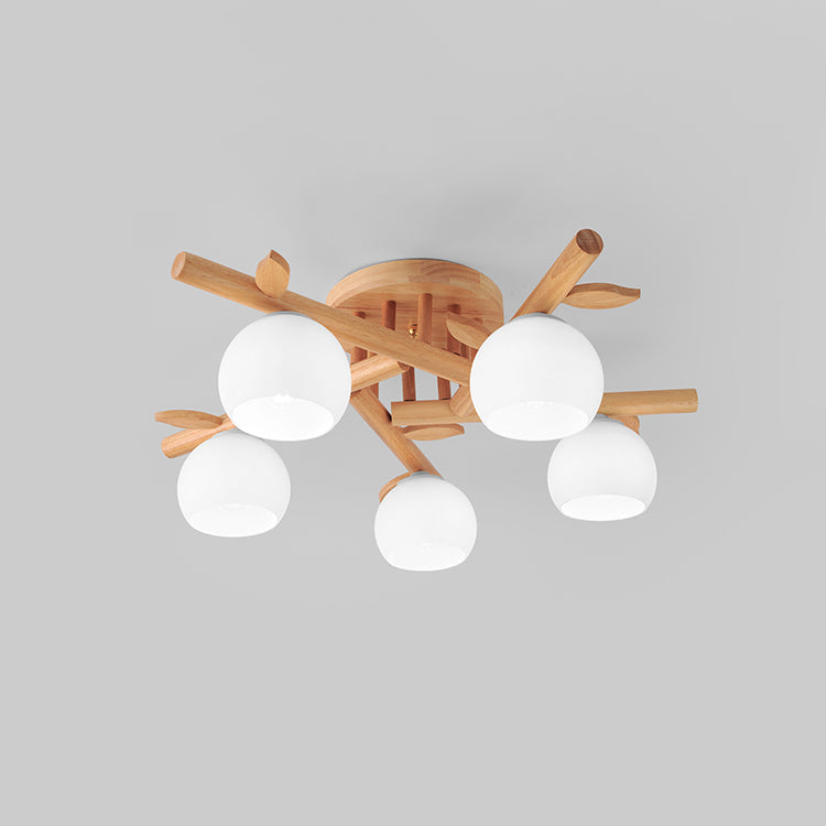 Traditional Japanese Dome Iron Oak Wood 3/5/8 Light Semi-Flush Mount Ceiling Light For Living Room Lumendat