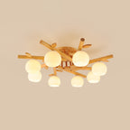 Traditional Japanese Dome Iron Oak Wood 3/5/8 Light Semi-Flush Mount Ceiling Light For Living Room Lumendat