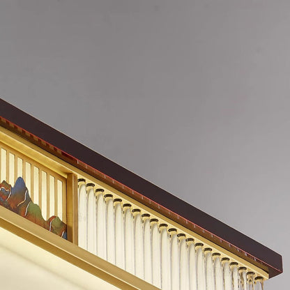 Traditional Chinese Rectangular Brass Faux Marble Glass LED Flush Mount Ceiling Light For Living Room
